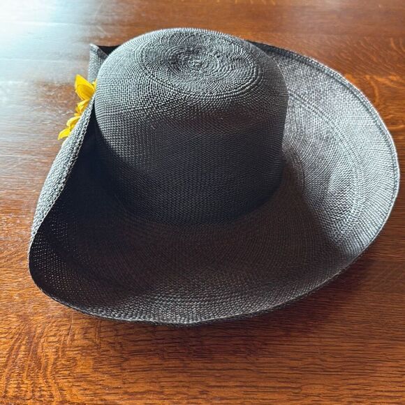 Vintage Black Fine Weave Wide Brim Straw Hat Sunflower Women’s Size Medium - Picture 6 of 13